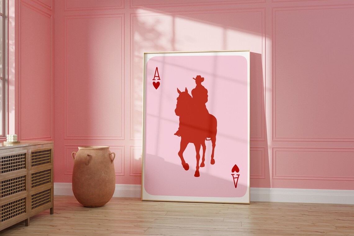 Ace of Hearts Cowboy Horse Red Silhouette Pink Card Poster Dorm