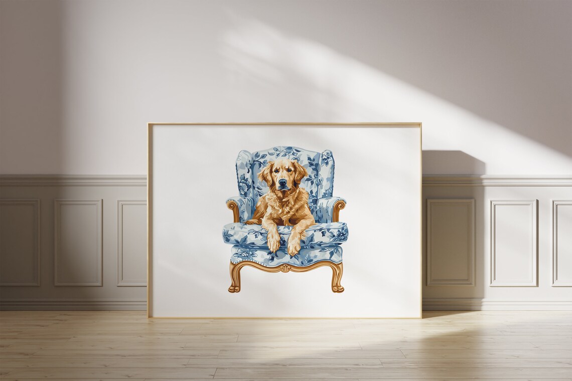 Golden Retriever Preppy Chinoiserie Art Print - Image 2