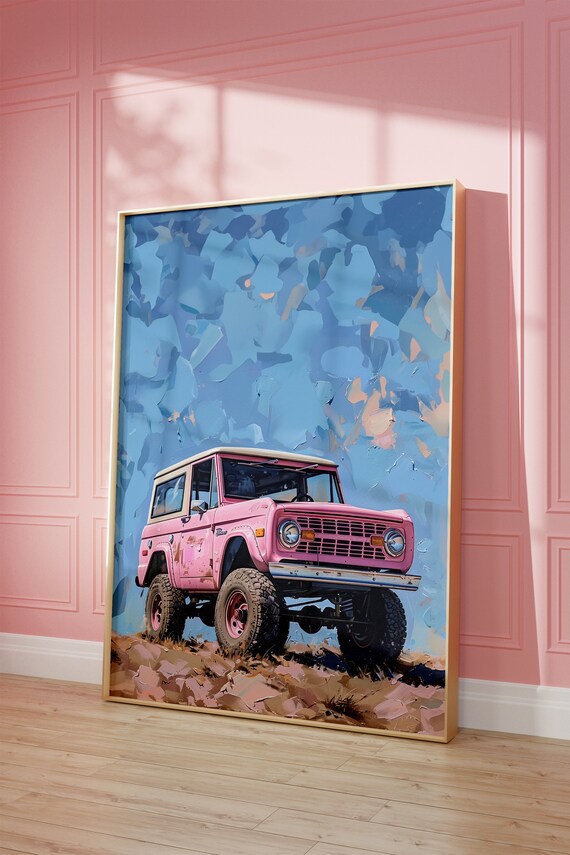 Pink Vintage Ford Bronco 4x4 Painterly Blue Sky Truck Wall Art