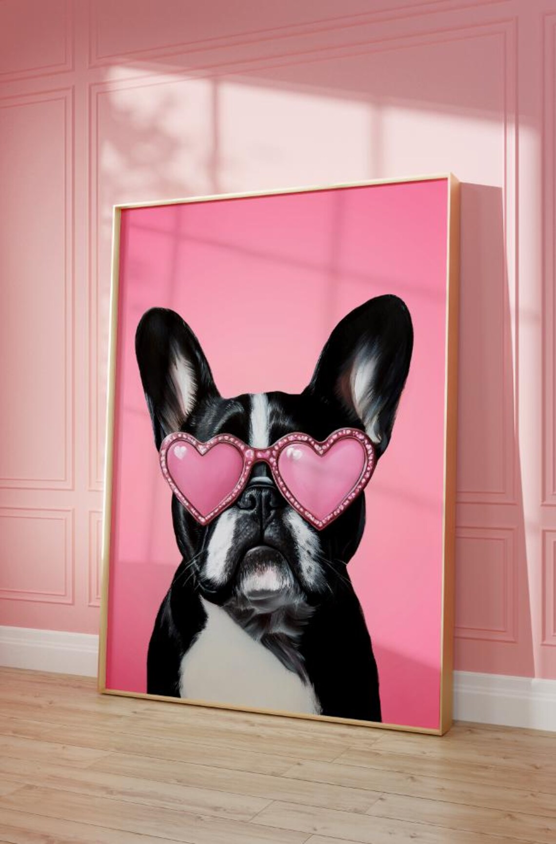 Black French Bulldog in Pink Heart Sunglasses Funny Pet Poster