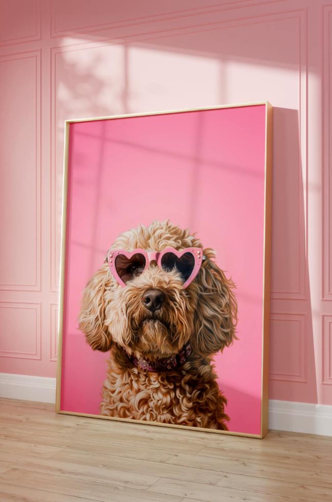 Pink Goldendoodle Funky Poster, Preppy Dog Art