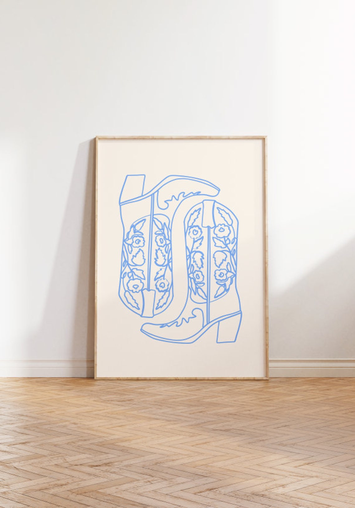 Blue Floral Line Art Cowboy Boots Beige Elegant Poster for Dorms - Image 2