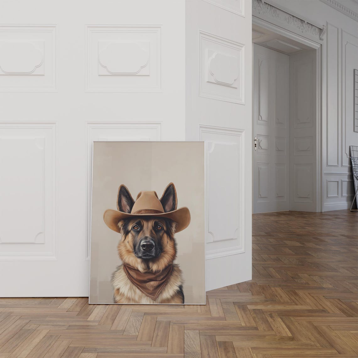 German Shepherd Cowboy Hat Portrait with Tan Hat Neutral Poster