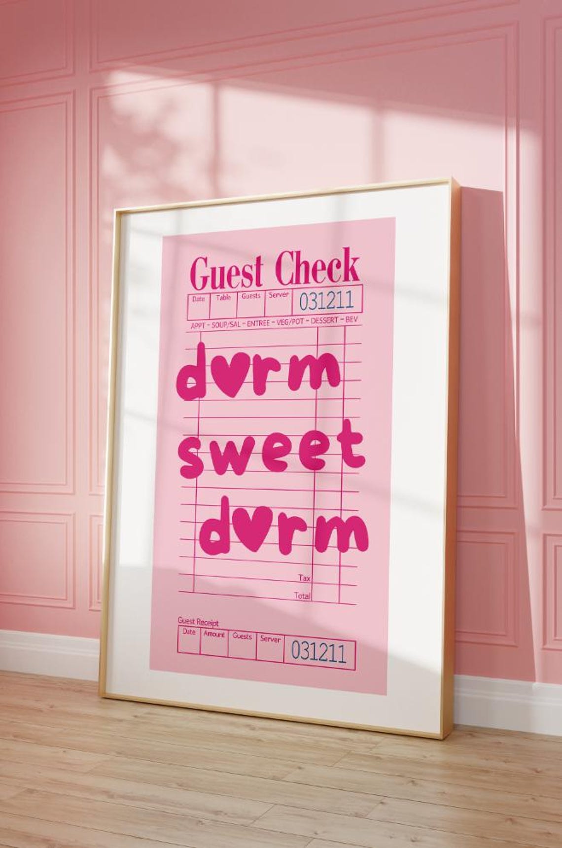 Dorm Sweet Dorm Pink Diner Guest Check Trendy Typography Poster