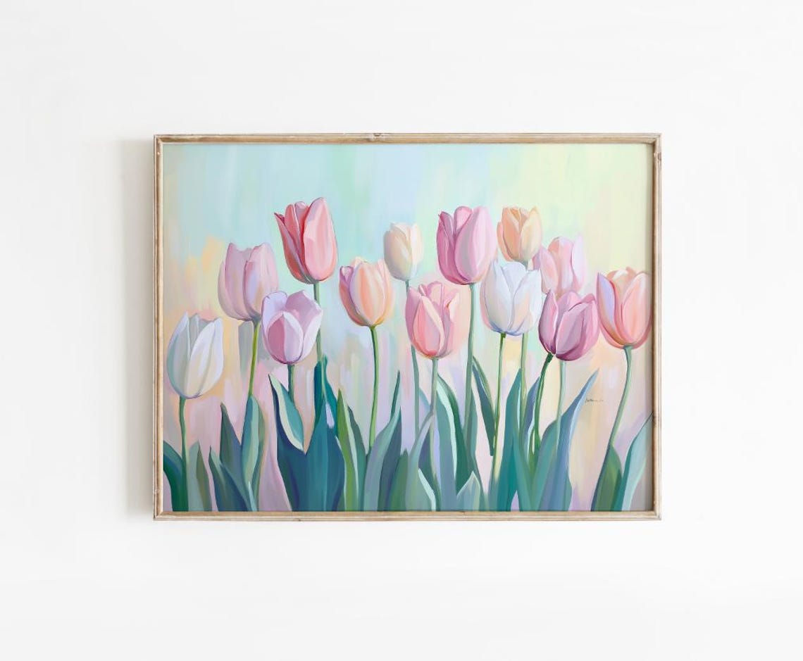 Vintage Pink Tulip Painting Print Elegant Pastel Spring Floral Artwork