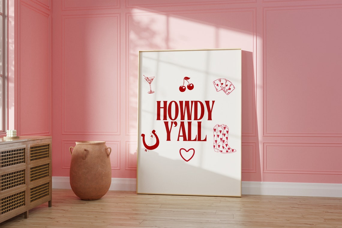 Howdy Yall Red Western Icons Cowboy Boots Funny Decor Poster - Image 2