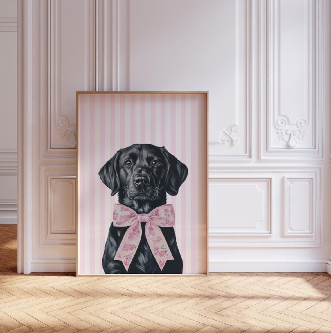 Black Labrador Pink Bow Chinoiserie Dog Portrait Decor Poster
