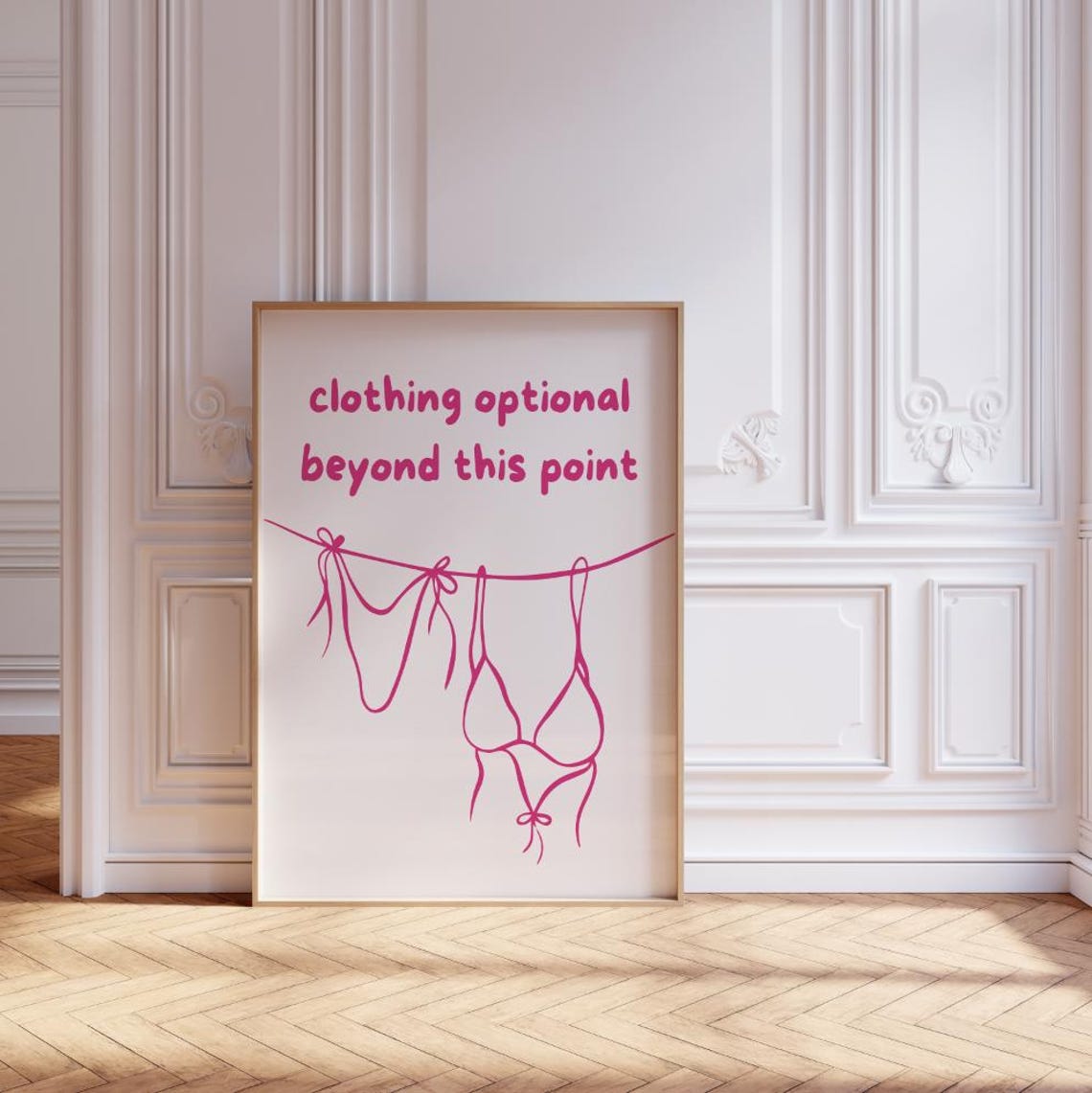 Clothing Optional Beyond This Point Pink Funny Bathroom Poster