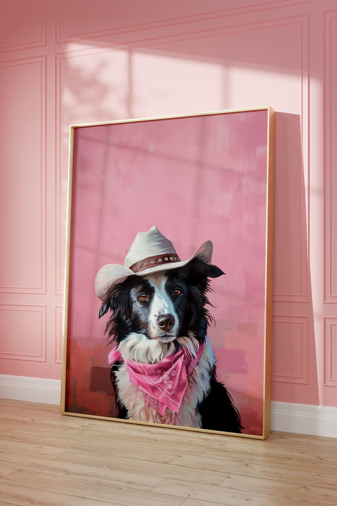 Border Collie in White Cowgirl Hat Pink Western Pet Art Poster - Image 2