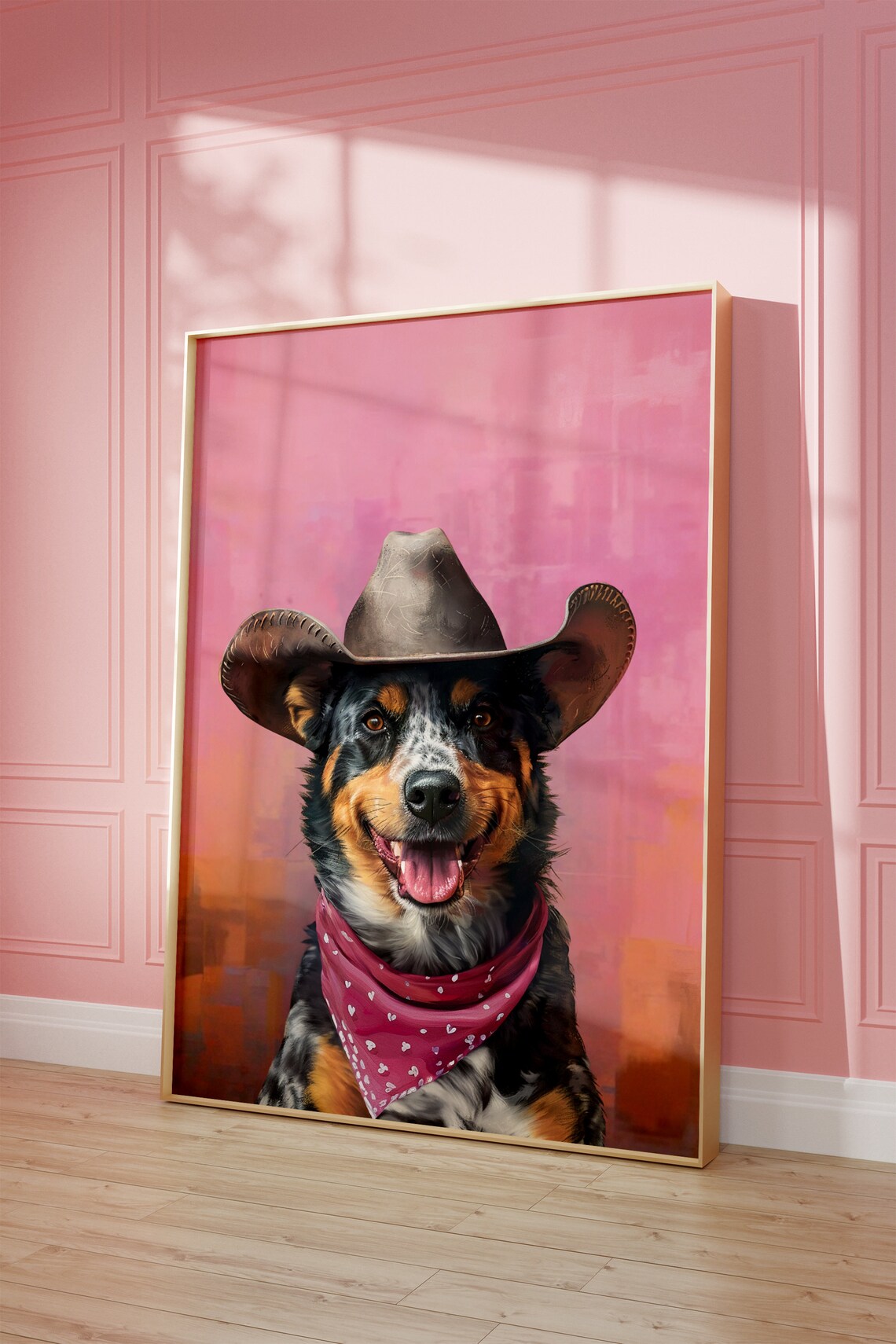 Happy Black Dog in Cowboy Hat Pink Western Pet Portrait Poster - Image 2