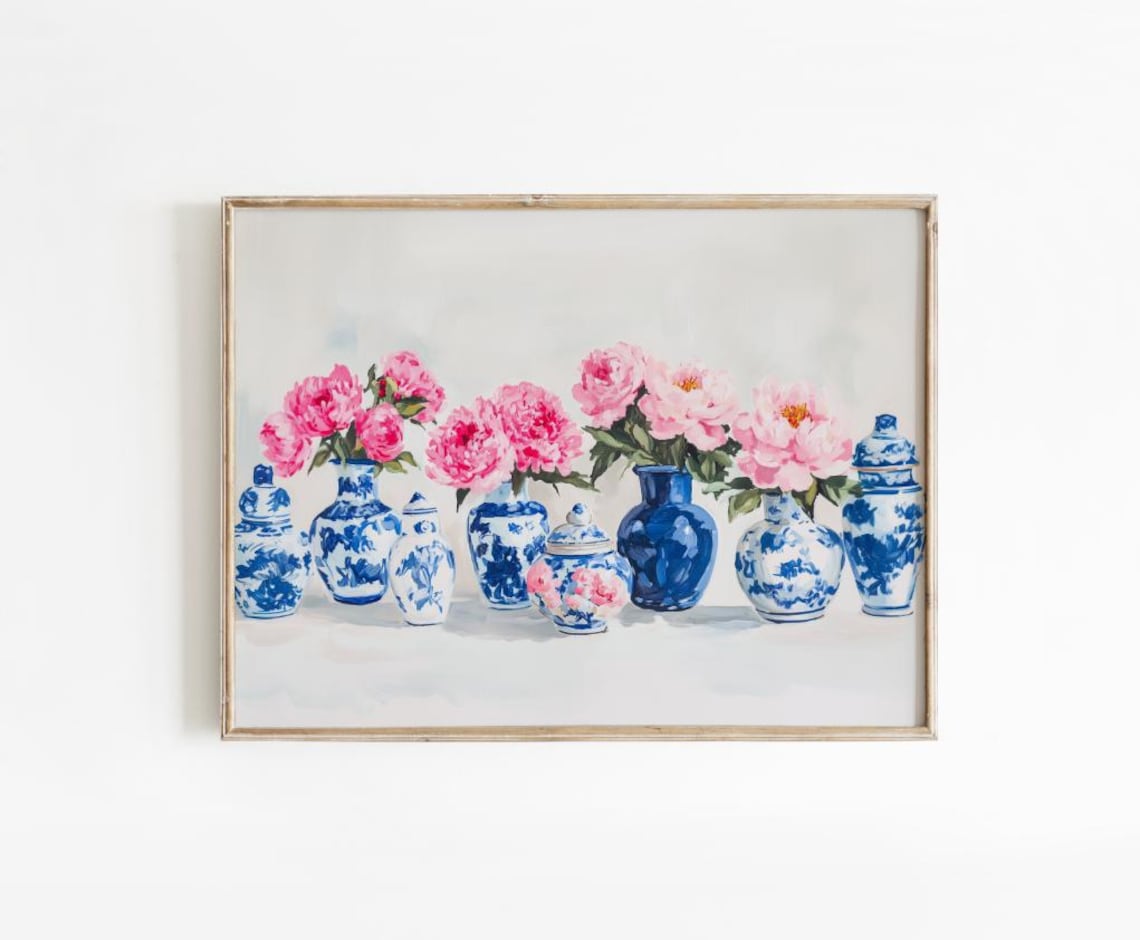 Blue Ginger Jars with Pink Peonies Chinoiserie Floral Poster