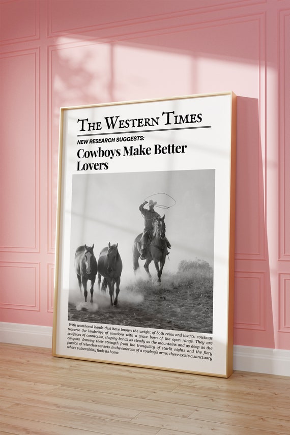 Vintage Cowboy Wall Art Newspaper Wall Art Newspaper Poster Western Wall Art Vintage Bar Cart Dorm Retro Art Wall Art