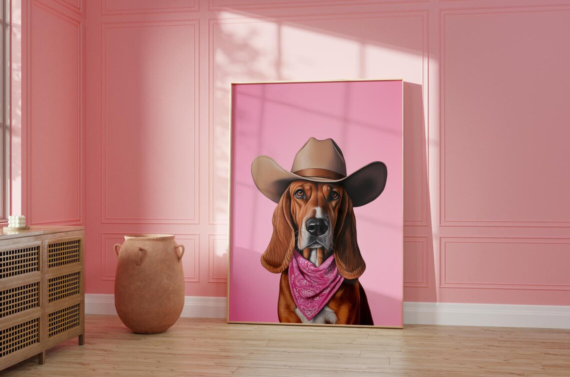 Cowboy Bloodhound Hat Pink Bandana Funny Dog Portrait Poster