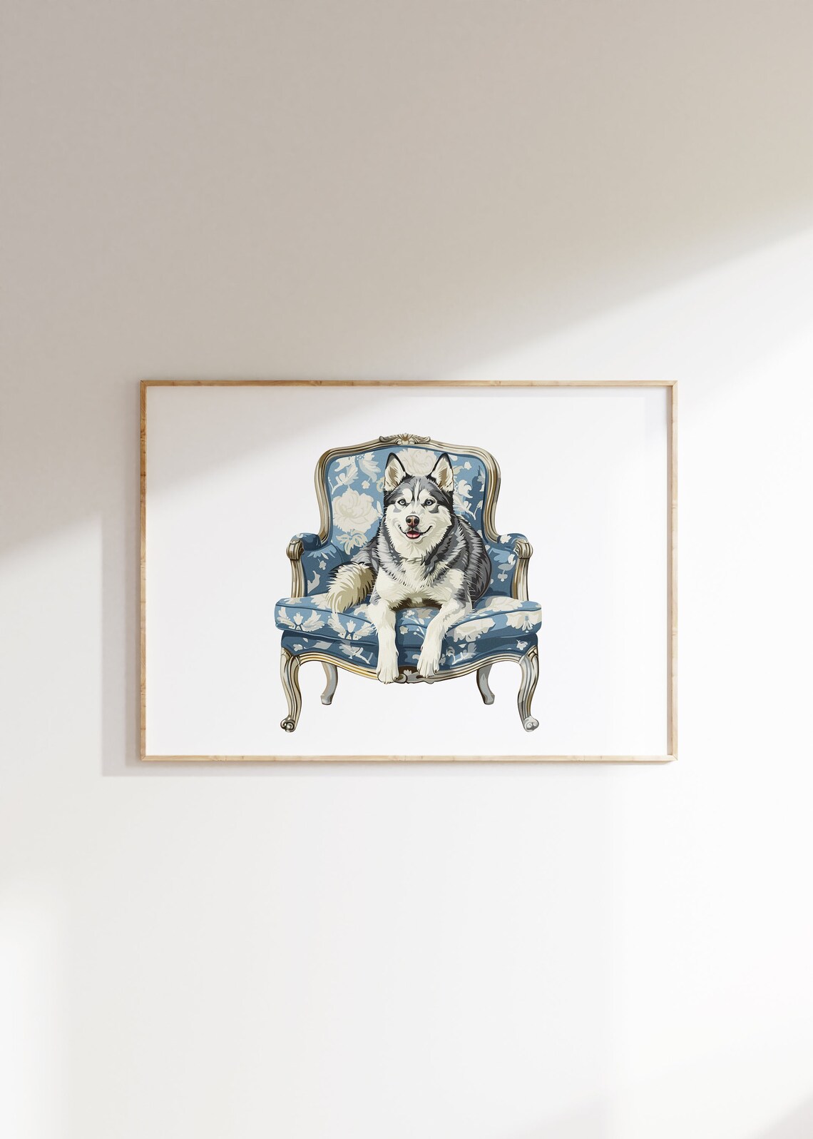 Husky Dog Sitting on Blue Floral Armchair Cute Pet Portrait Poster - Image 2