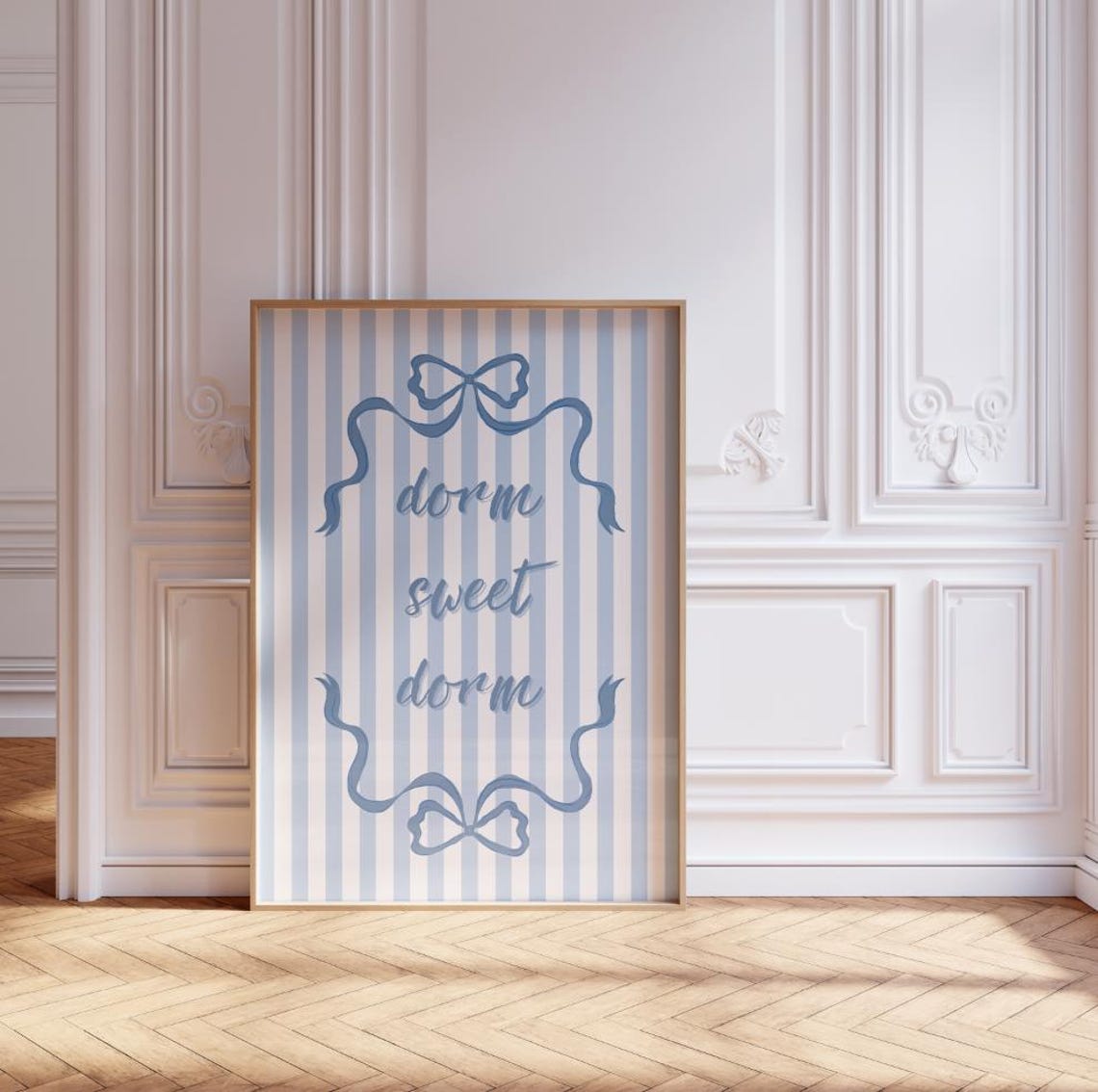 Dorm Sweet Dorm Blue Striped Bow Coquette College Decor Wall Art