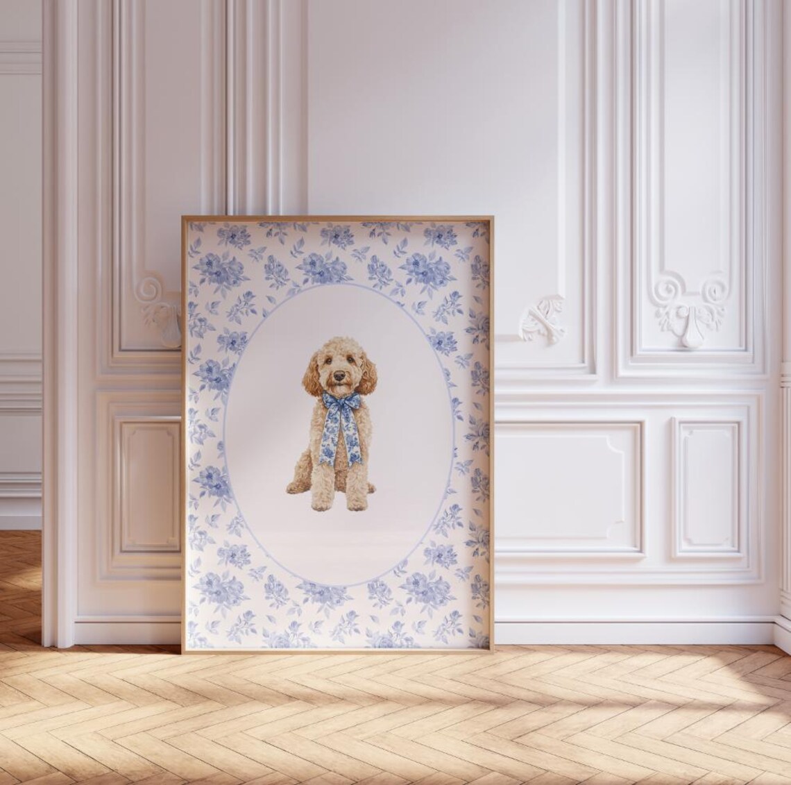 Chinoiserie Apricot Goldendoodle Dog Print Blue Floral Bow Border Art