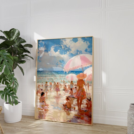 Impressionist Beach Scene With Pink Parasols and Bathers Vintage Poster