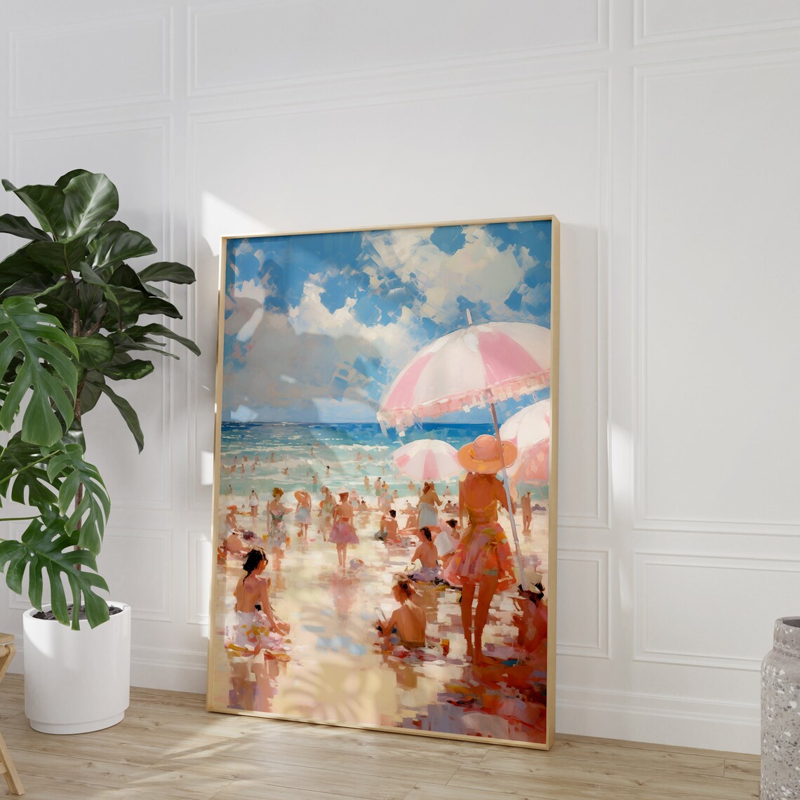 Impressionist Beach Scene With Pink Parasols and Bathers Vintage Poster