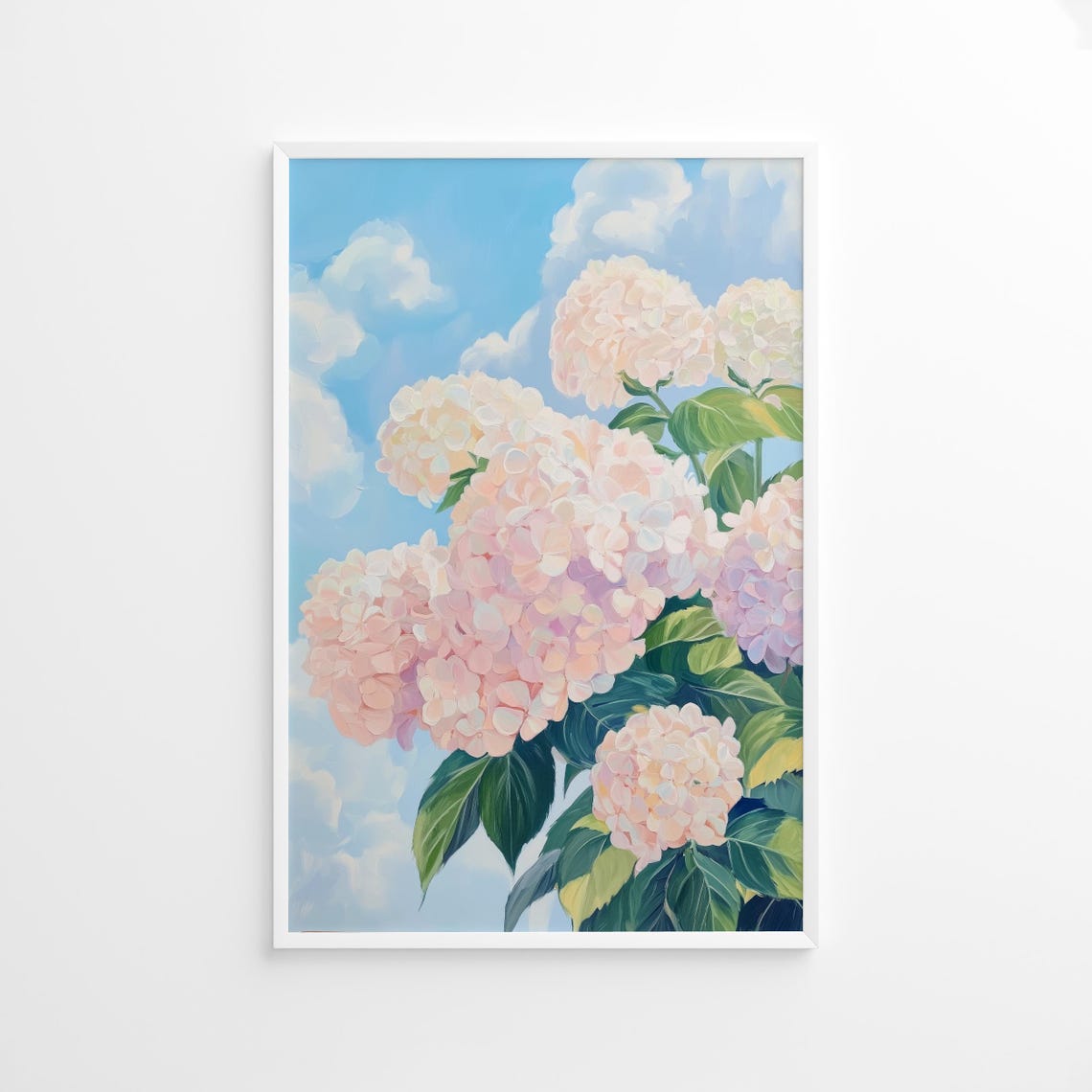 Blush Pink Hydrangea Blooms Against Blue Sky Botanical Print