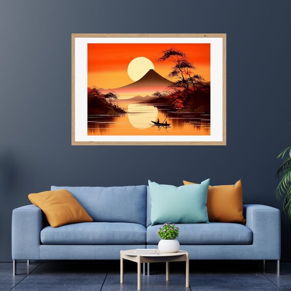 Mount Fuji at Sunset Over the Lake with Lone Fishermen Poster