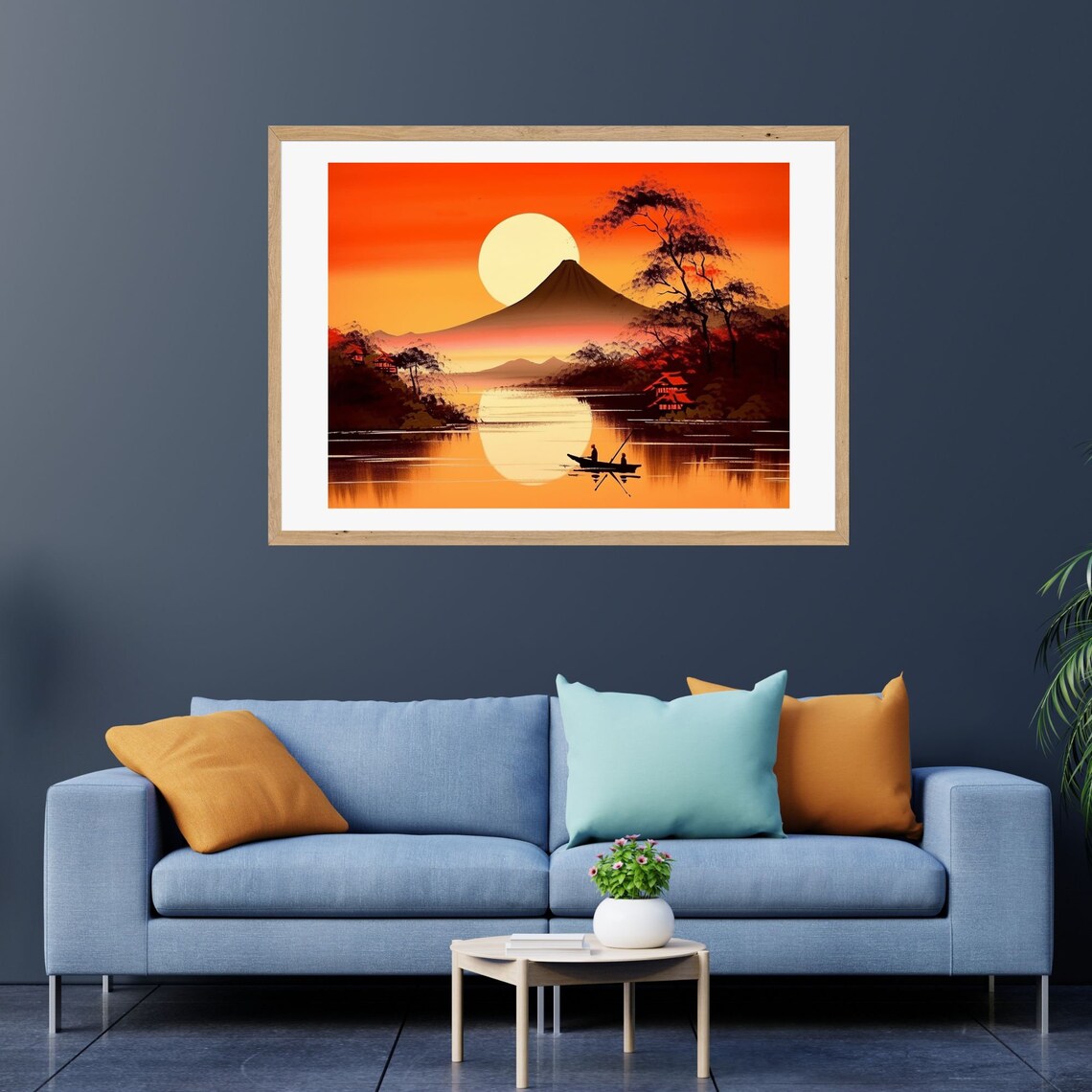 Mount Fuji at Sunset Over the Lake with Lone Fishermen Poster