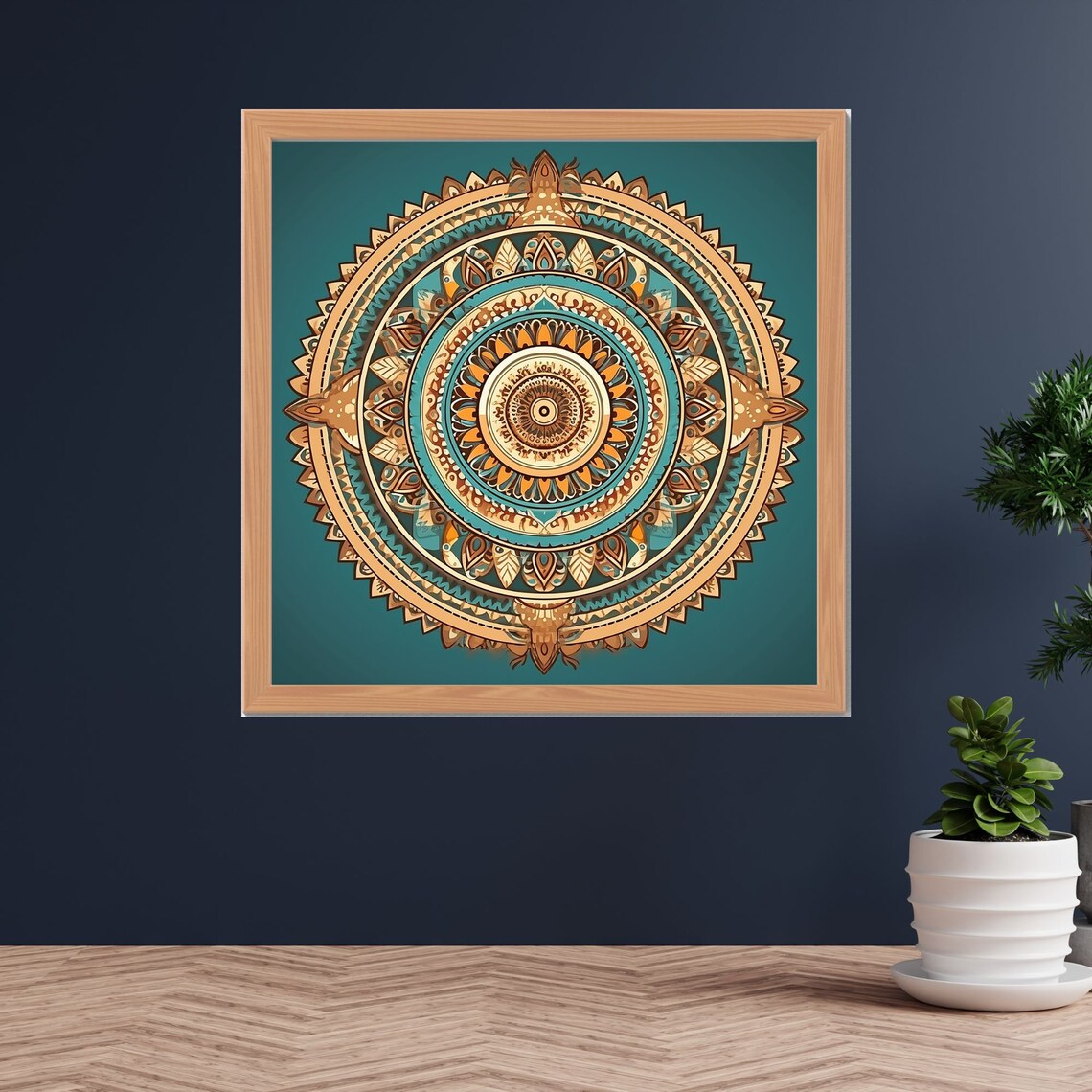 Teal and Orange Circular Mandala Vivid Teal Background Wall Art