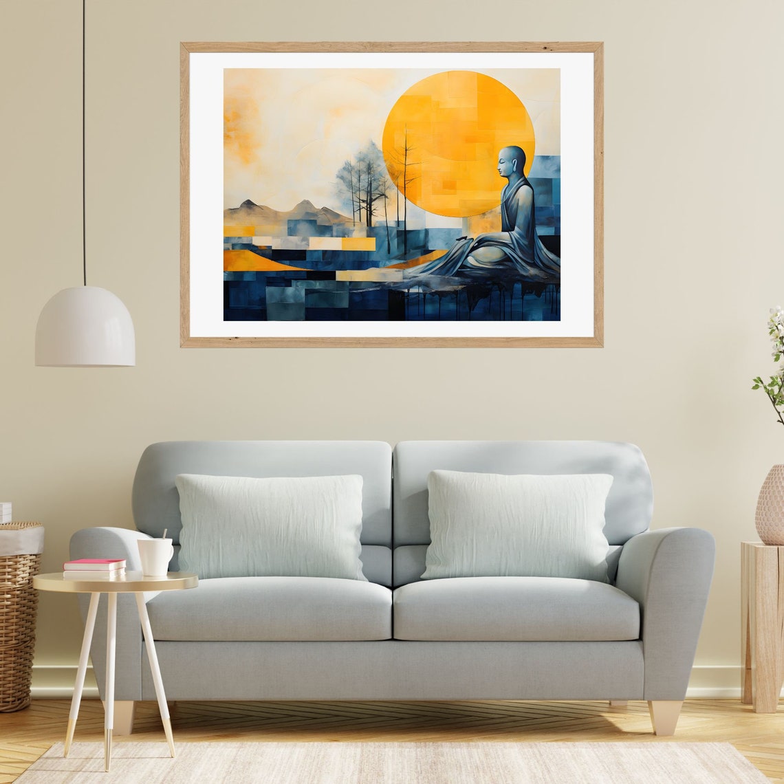 Monk Meditating Under a Giant Golden Sun in a Blue Landscape Poster - Image 2