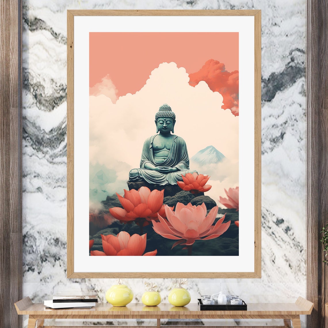 Teal Buddha Statue Among Giant Red Lotuses Coral Sky Wall Art