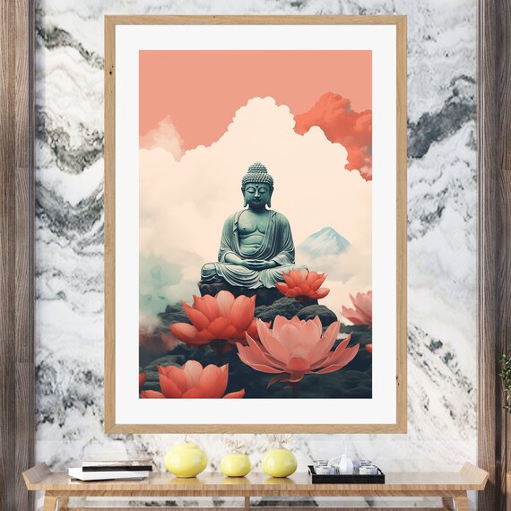 Teal Buddha Statue Among Giant Red Lotuses Coral Sky Wall Art