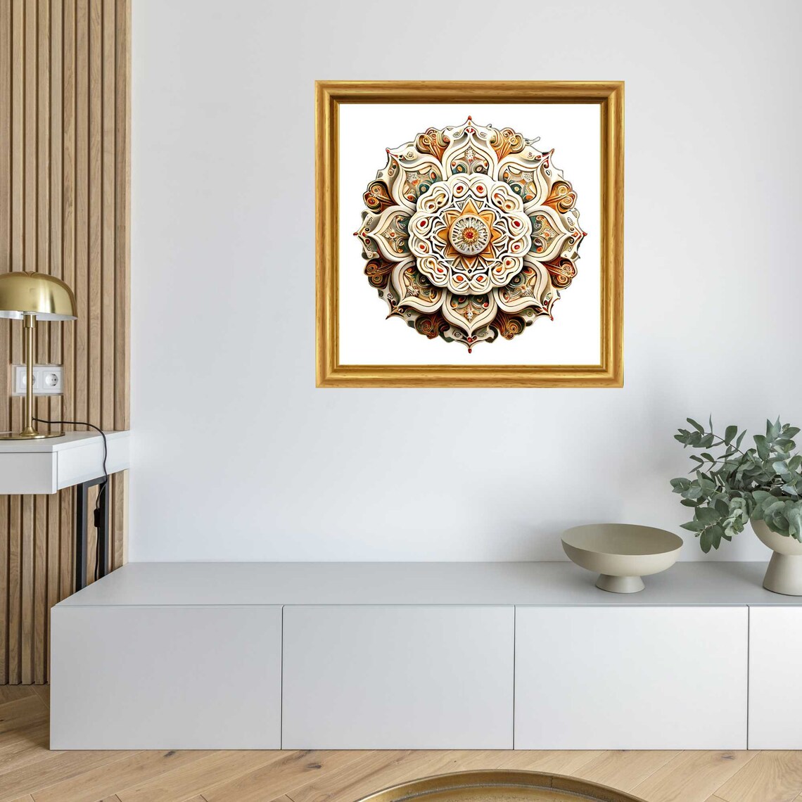 Cream and Rust Paper-Quilling Mandala in a Gold Frame Poster - Image 3