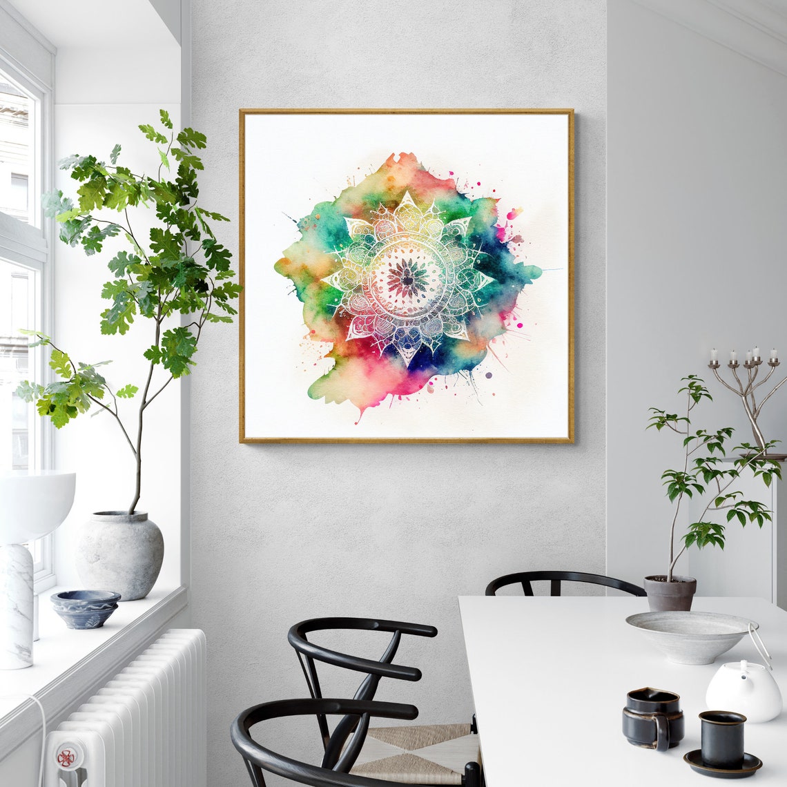 Rainbow Watercolor Mandala with Pink Green Blue Splash Poster - Image 3