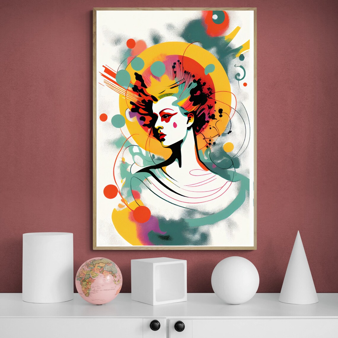 Woman Portrait Bursting from Orange and Teal Pop Art Splash Poster