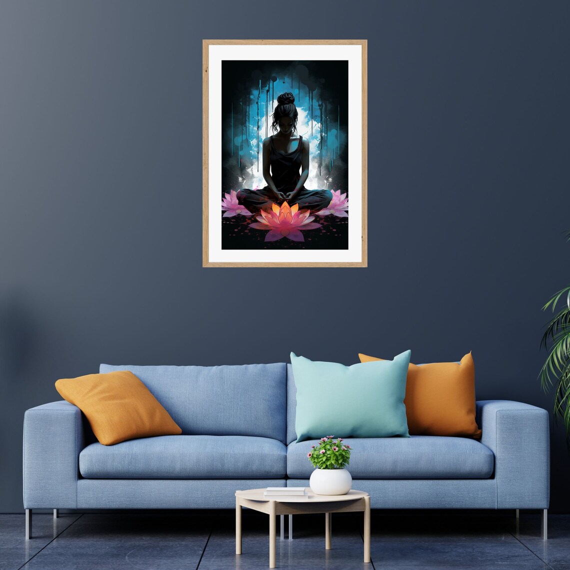 Meditating Woman Silhouette with Glowing Pink Lotus Flower Poster - Image 3