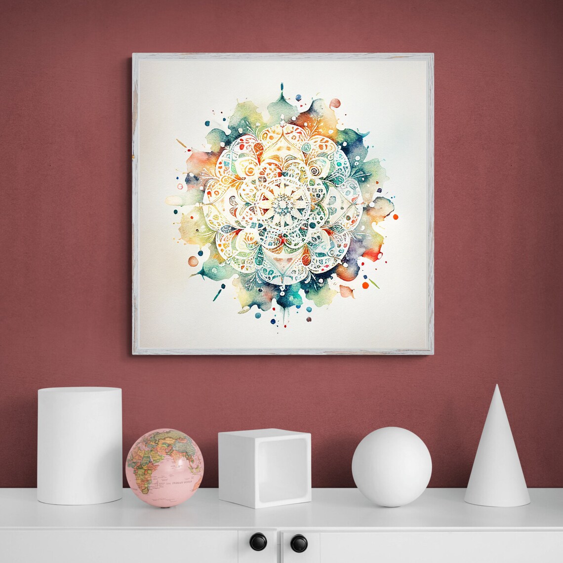 Teal and Orange Watercolor Splash Mandala Painting Art Poster