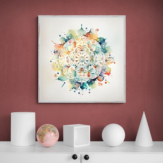 Teal and Orange Watercolor Splash Mandala Painting Art Poster