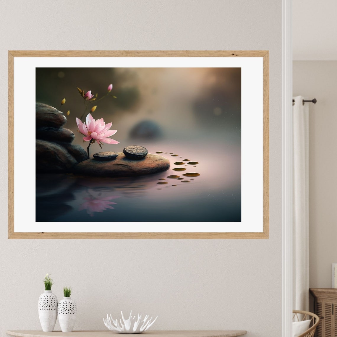 Pink Lotus on Water Beside Zen Stones Misty Meditation Wall Art - Image 3