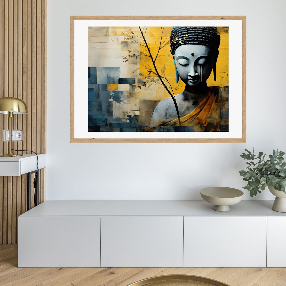 Abstract Buddha Portrait with Mustard Yellow Background Poster - Image 3