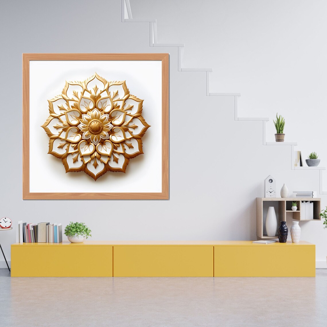 3D Golden Mandala with Carved Floral Relief on a White Poster - Image 3