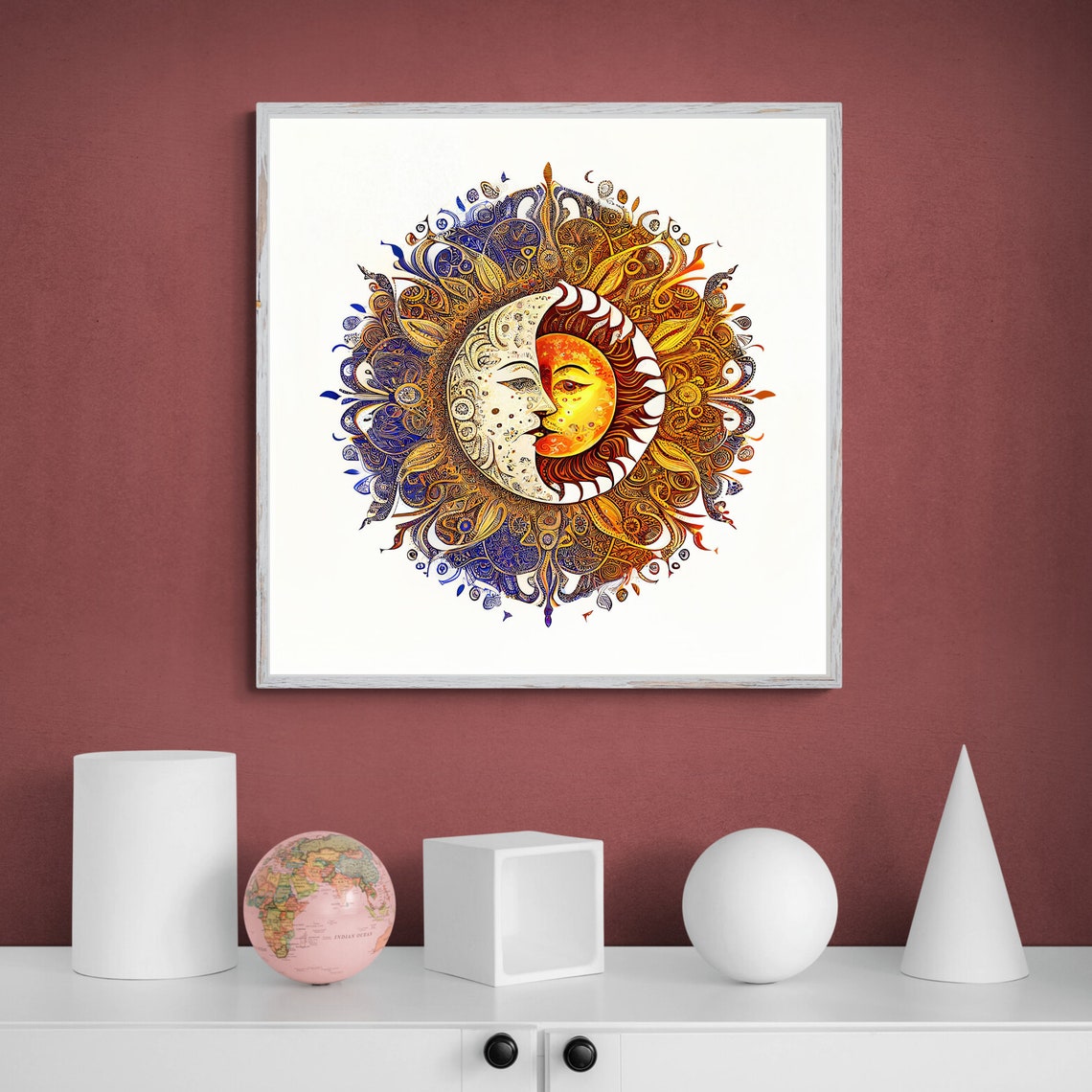 Sun E Moon Illustration Zen Wall Art Home Decor Mandala Wall Decor Custom Size Colourful Art Prints Art Wall Print Decor