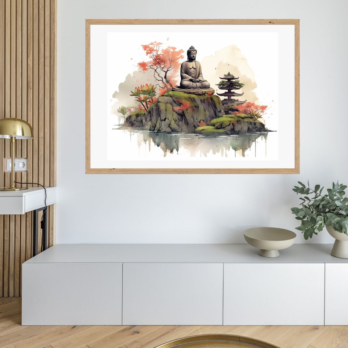 Buddha Statue on Mossy Island With Pagoda Watercolor Wall Art - Image 3