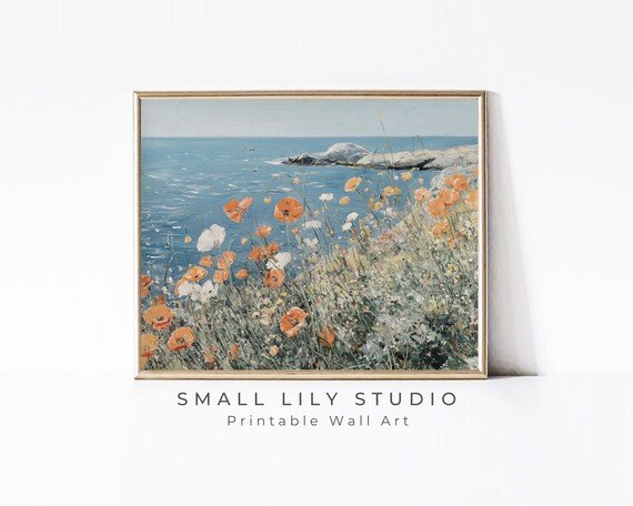Orange Poppies By The Sea Coastal Cliff Vintage Summer Floral Painting Poster