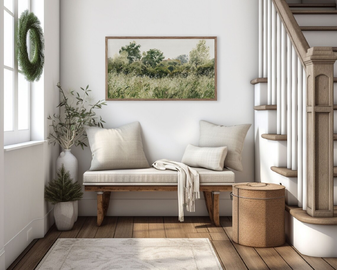 Muted Sage Green Meadow Grasses Trees Vintage Style Landscape Painting Poster - Image 3