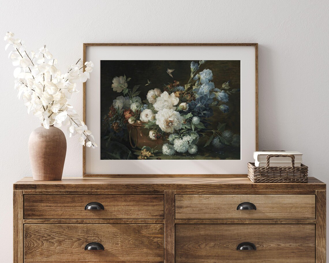 Moody Blue Floral Still Life White Peonies Butterflies Vintage Painting Poster - Image 3