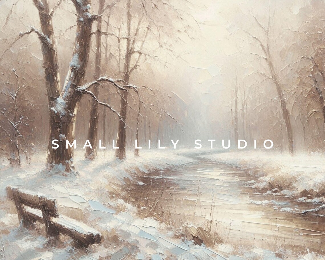 Winter Stream Snowy Forest Bench Warm Light Rustic Vintage Landscape Art Poster - Image 4