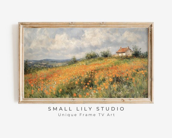 Orange Poppy Field On Hill With Distant Farmhouse Vintage Poster
