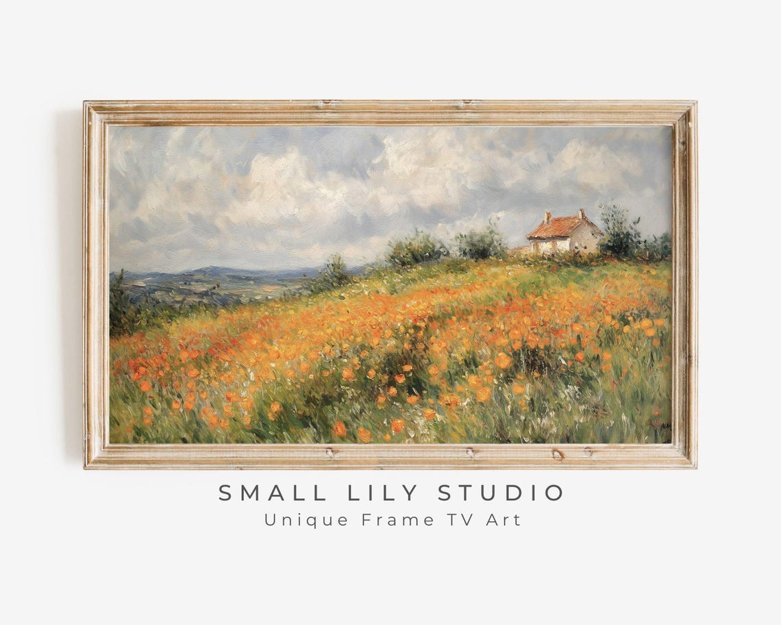 Orange Poppy Field On Hill With Distant Farmhouse Vintage Poster