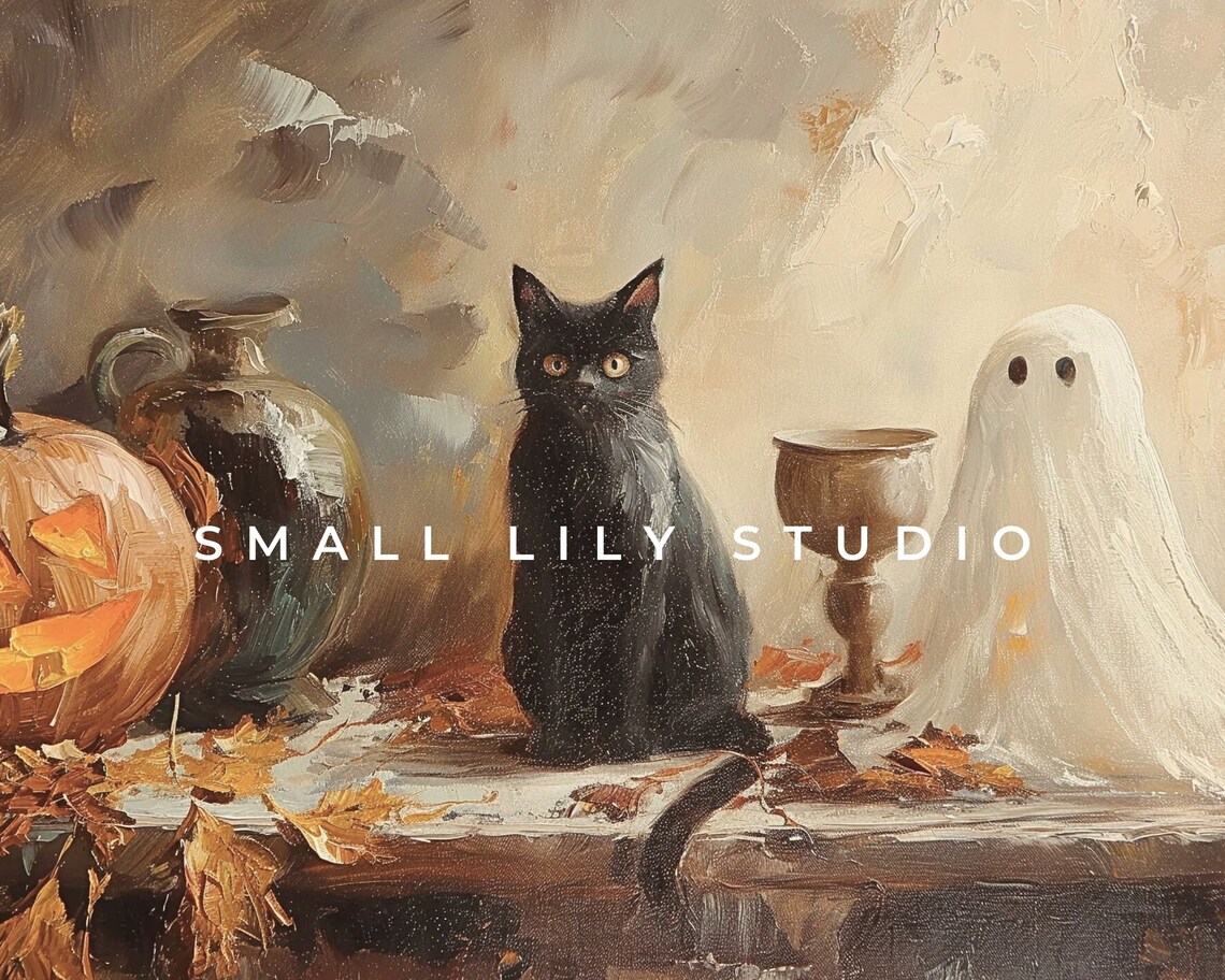 Halloween Ghost, Black Cat and Pumpkin Vintage Art Print - Image 4