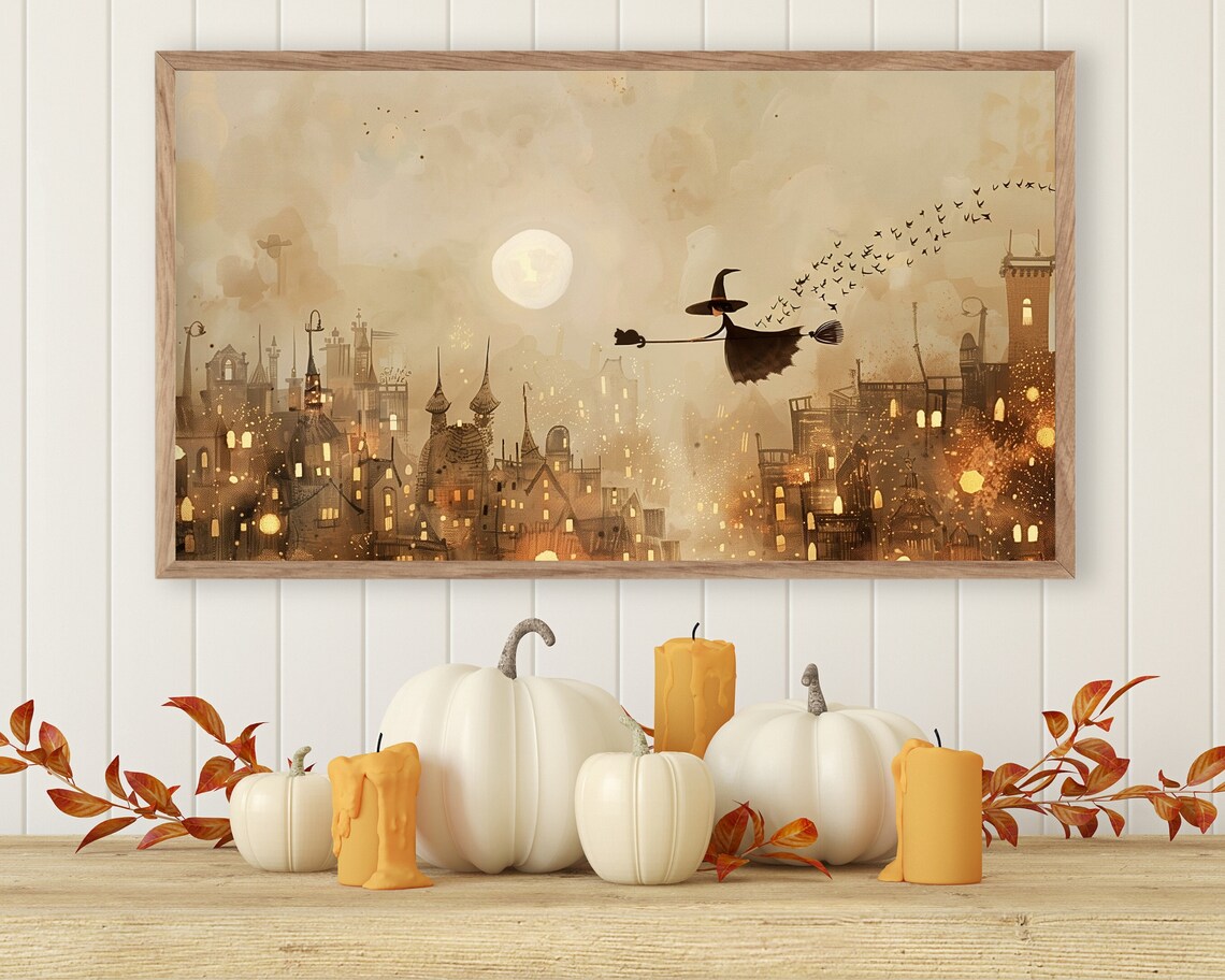 Witch and Black Cat Over Village Halloween Art Print - Image 2