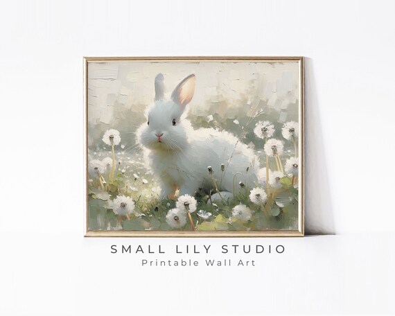 Cute White Bunny in Dandelion Field Spring Vintage Animal Wall Art