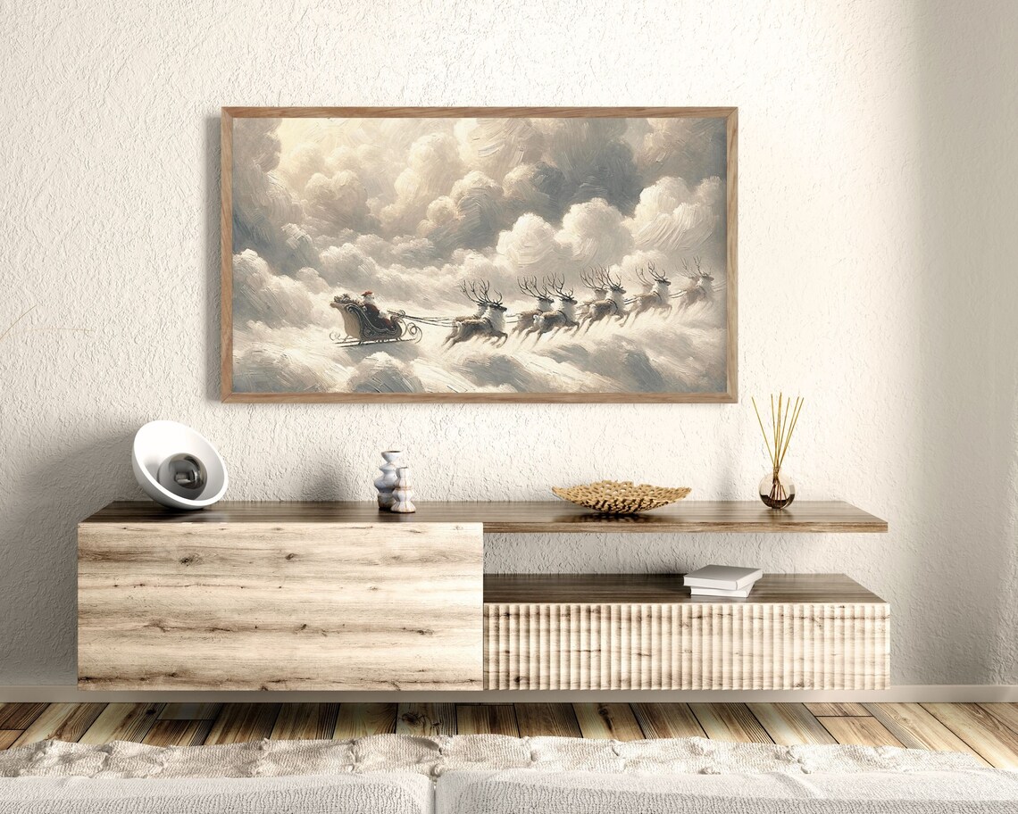 Flying Santa Sleigh And Reindeer Christmas Art Print - Image 3
